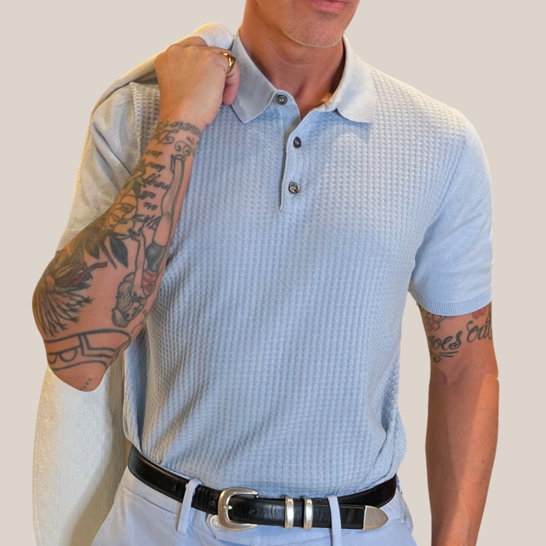 Gotstyle Fashion Sand Textured Retro Knit Polo - Light Blue