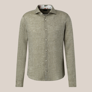 Mottled Linen Shirt with Print Contrasts - Olive