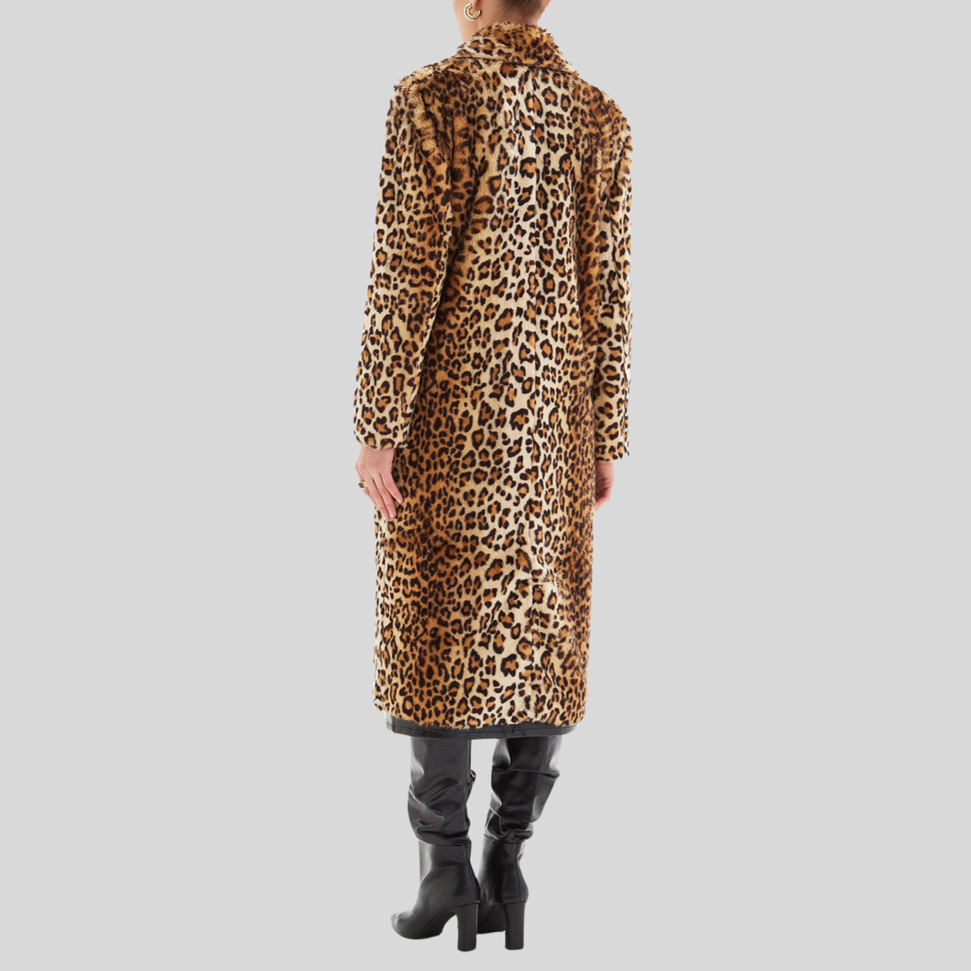 Leopard Print Faux Fur Long Coat - Tan