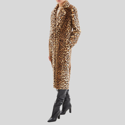 Leopard Print Faux Fur Long Coat - Tan