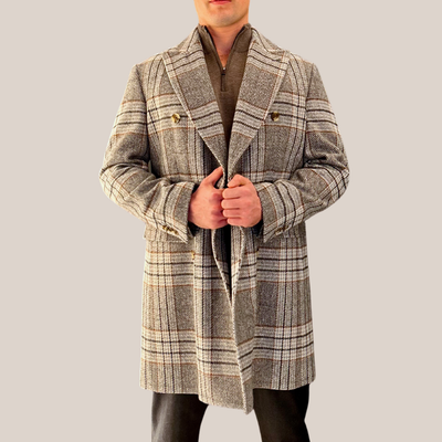 Plaid Checks Double Breasted Woolen Jacket - Grey