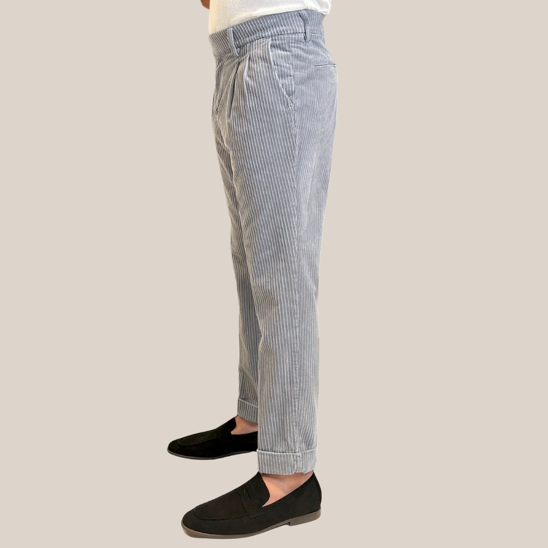 Wide Cord Pleated Cuffed Trousers - Grey