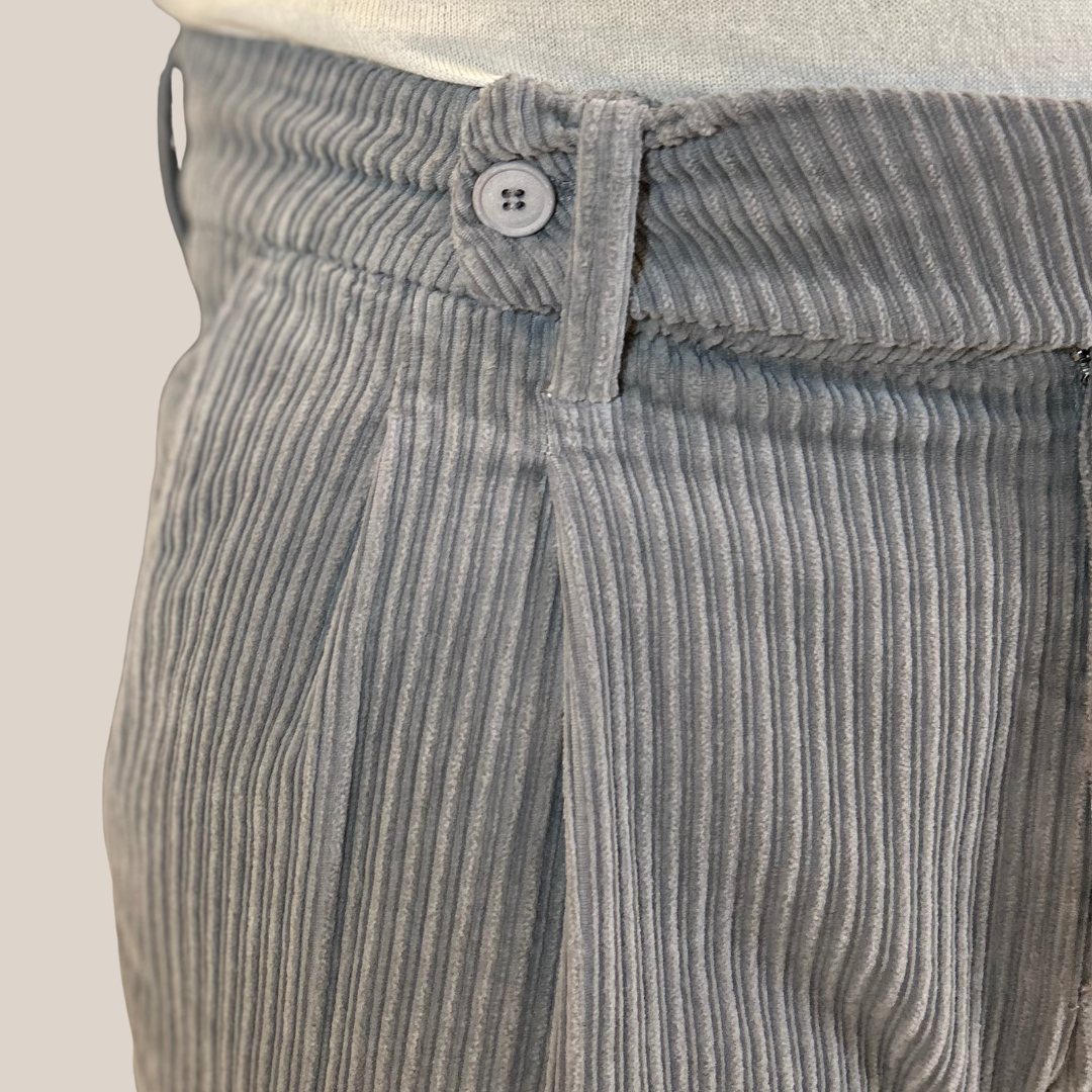 Wide Cord Pleated Cuffed Trousers - Grey