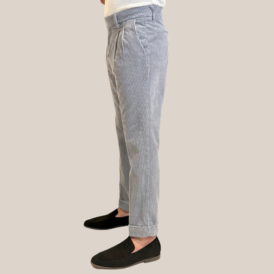 Wide Cord Pleated Cuffed Trousers - Grey
