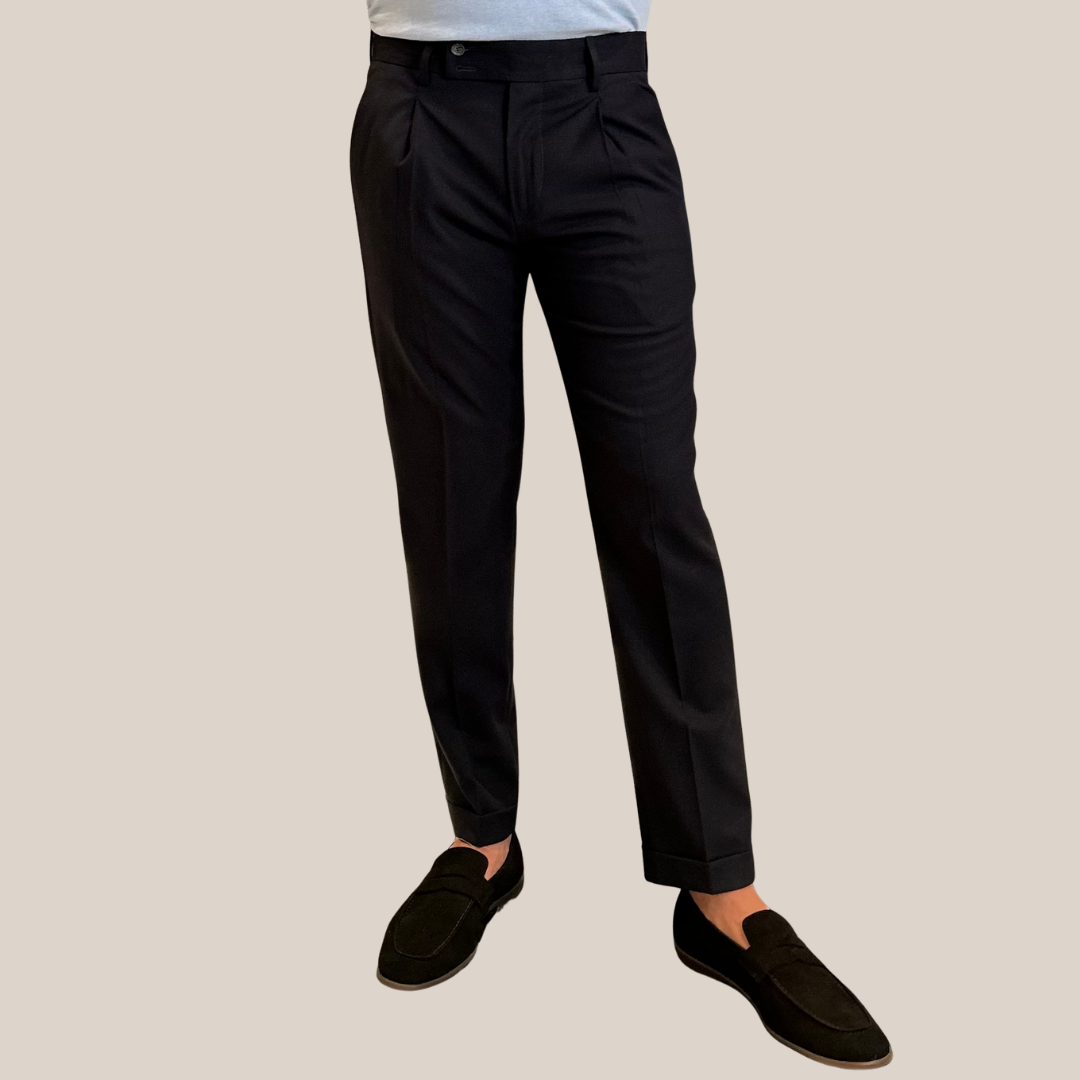 High Waist Pleated Jersey Cuffed Trousers - Navy