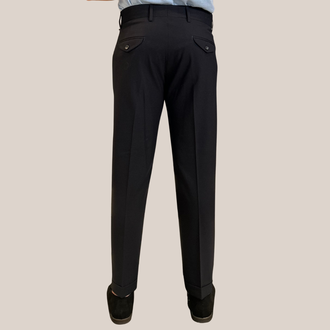 High Waist Pleated Jersey Cuffed Trousers - Navy