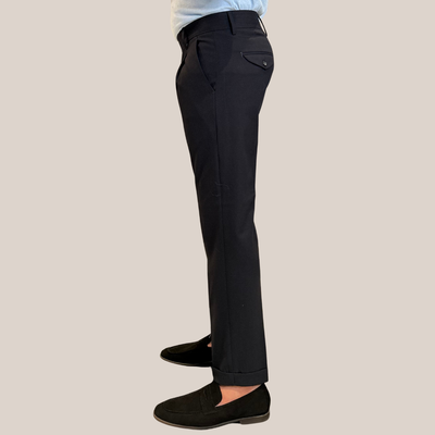 High Waist Pleated Jersey Cuffed Trousers - Navy
