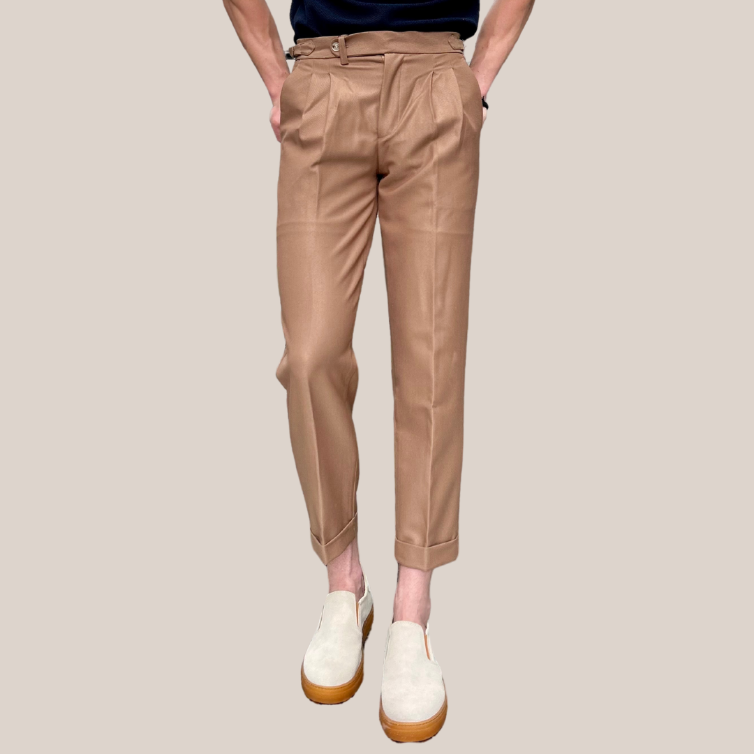 Slim Pleated Cuffed Pants - Tan