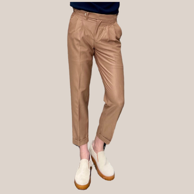 Slim Pleated Cuffed Pants - Tan