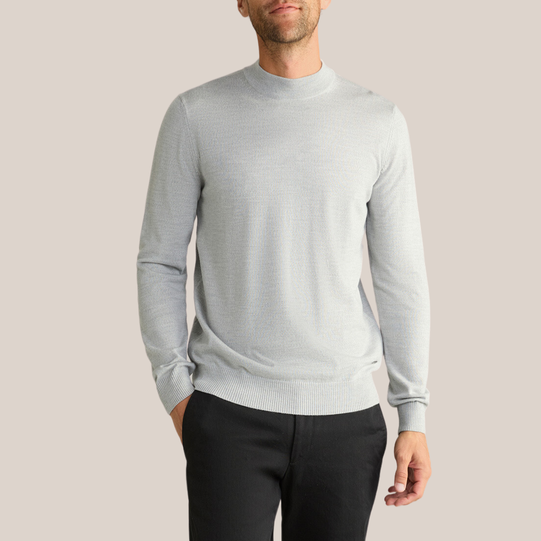 Mock Neck Merino Wool Sweater - Light Grey