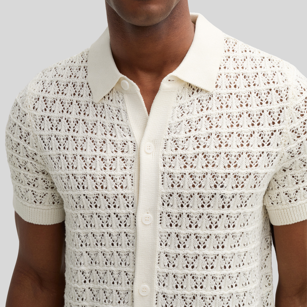 Mesh Knit Pattern Polo Collar Shirt - Cream