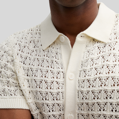 Mesh Knit Pattern Polo Collar Shirt - Cream