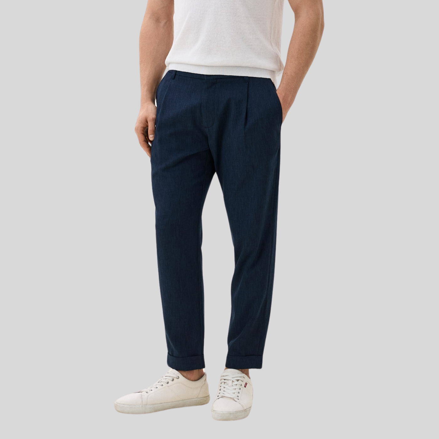 Front Pleat Melange Cuffed Pants - Navy