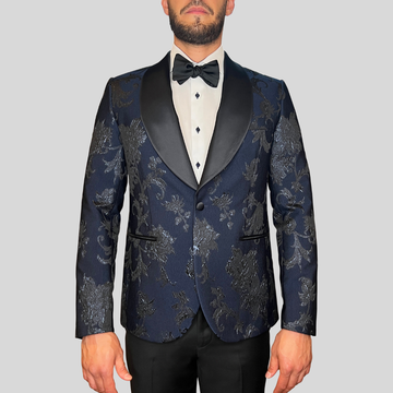 Shawl Collar Embossed Floral Design Tuxedo Jacket - Navy