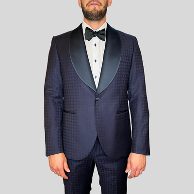 Gotstyle Fashion - Pal Zileri Tuxedo Houndstooth Pattern Shawl Collar Tuxedo Suit - Navy