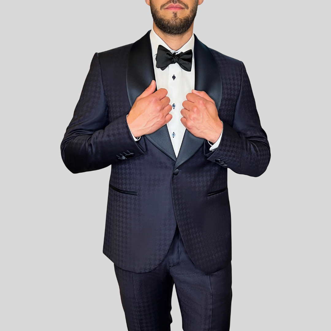 Gotstyle Fashion - Pal Zileri Tuxedo Houndstooth Pattern Shawl Collar Tuxedo Suit - Navy