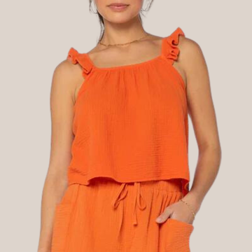 Ruffle Strap Textured Sleeveless Top - Orange