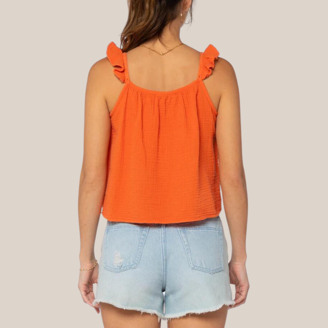 Gotstyle Fashion - Velvet Heart Tops Ruffle Strap Textured Sleeveless Top - Orange