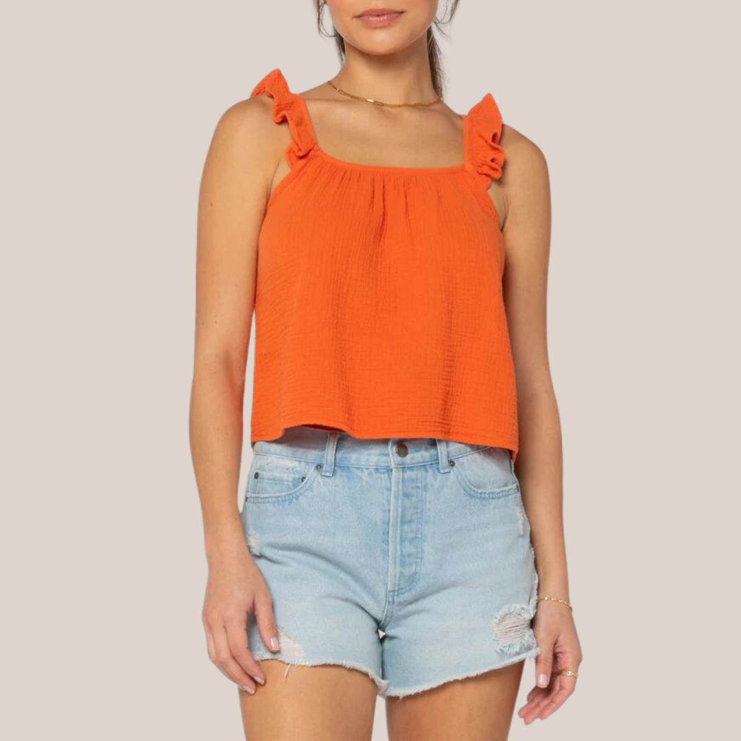 Gotstyle Fashion - Velvet Heart Tops Ruffle Strap Textured Sleeveless Top - Orange