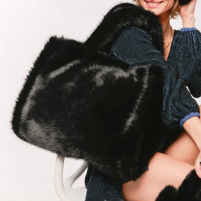 Faux Fur Oversized Tote - Black