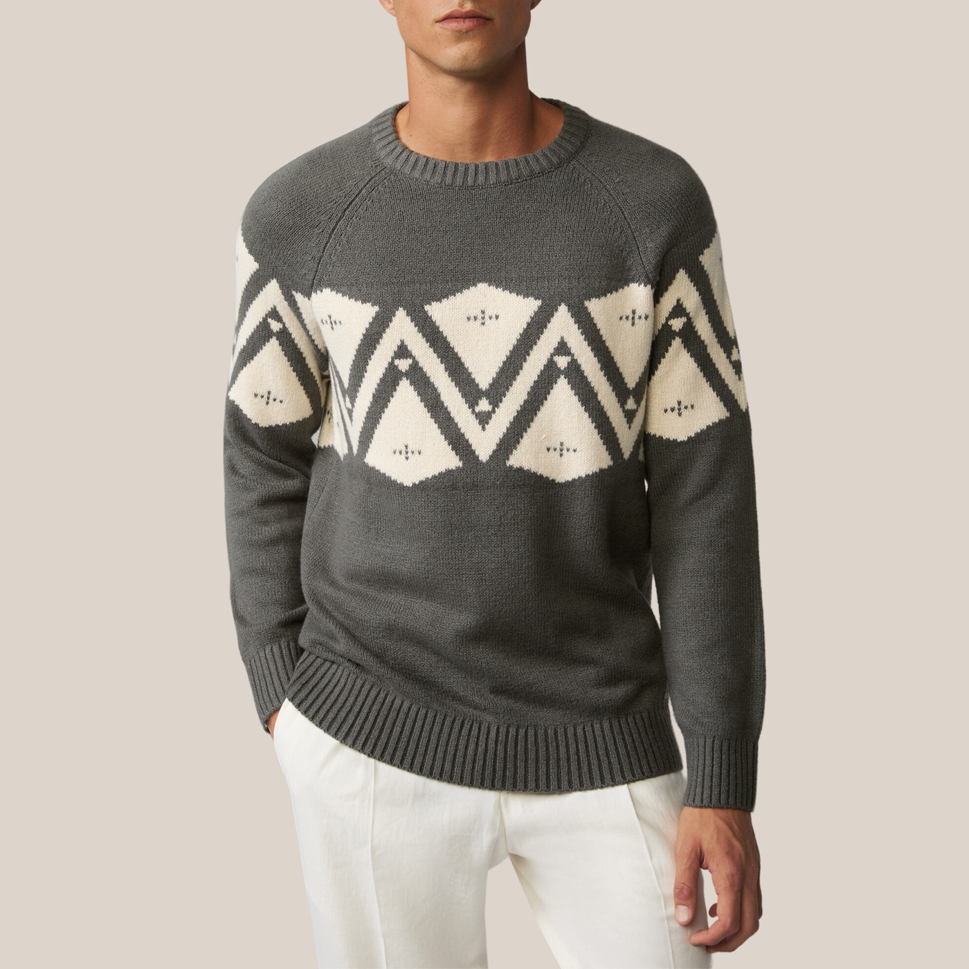 Contrast Pattern Raglan Sleeve Sweater - Olive