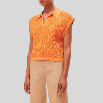 Textured Zig-Zag Sleeveless V-Neck Polo - Orange