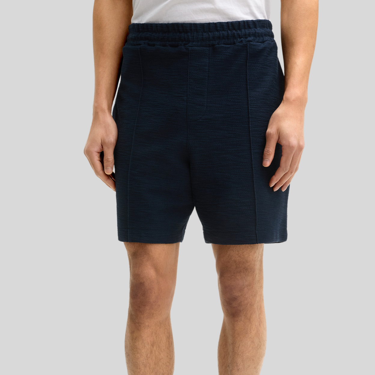 Textured Elastic Waistband Shorts - Navy