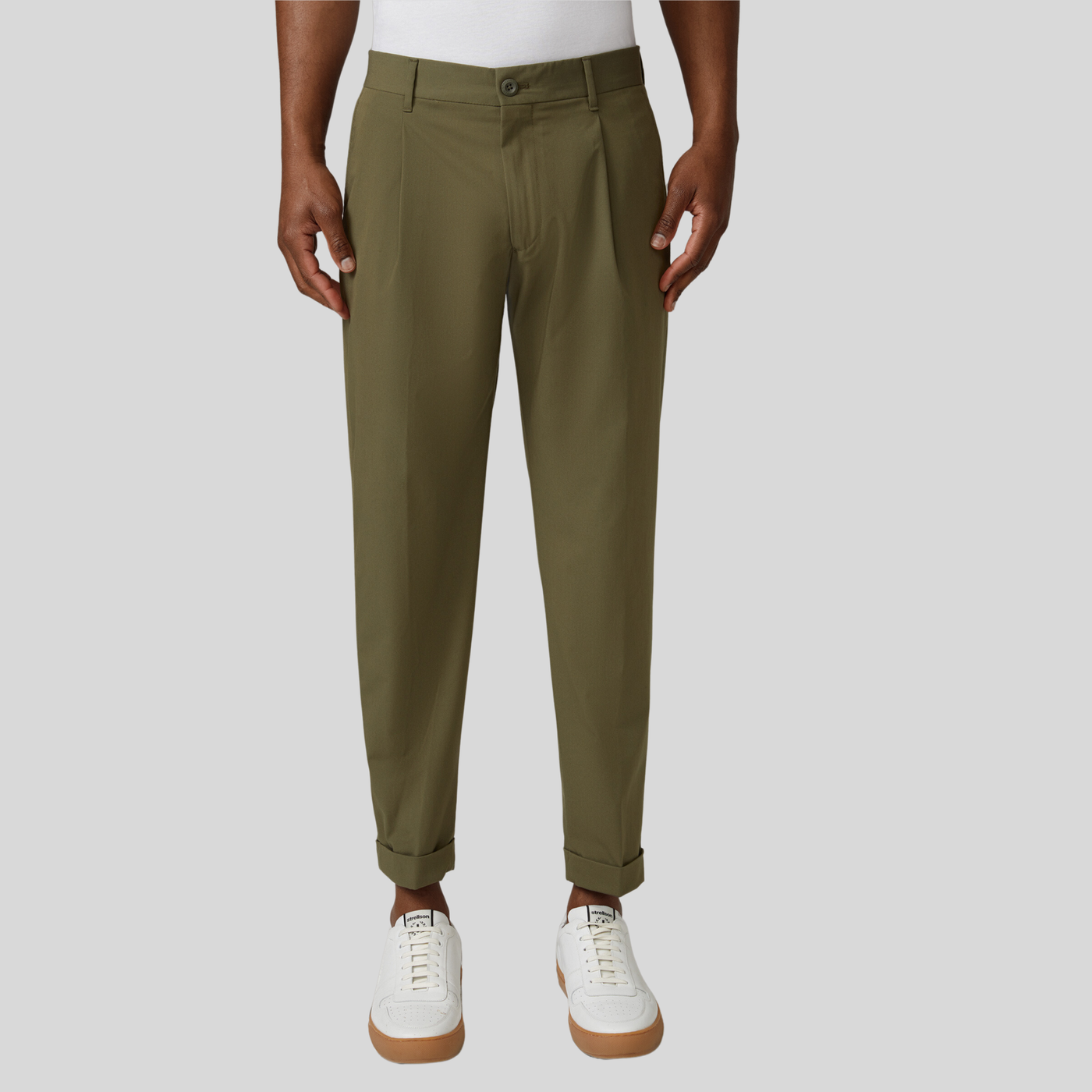 Front Pleated Cuffed Stretch Pants - Olive