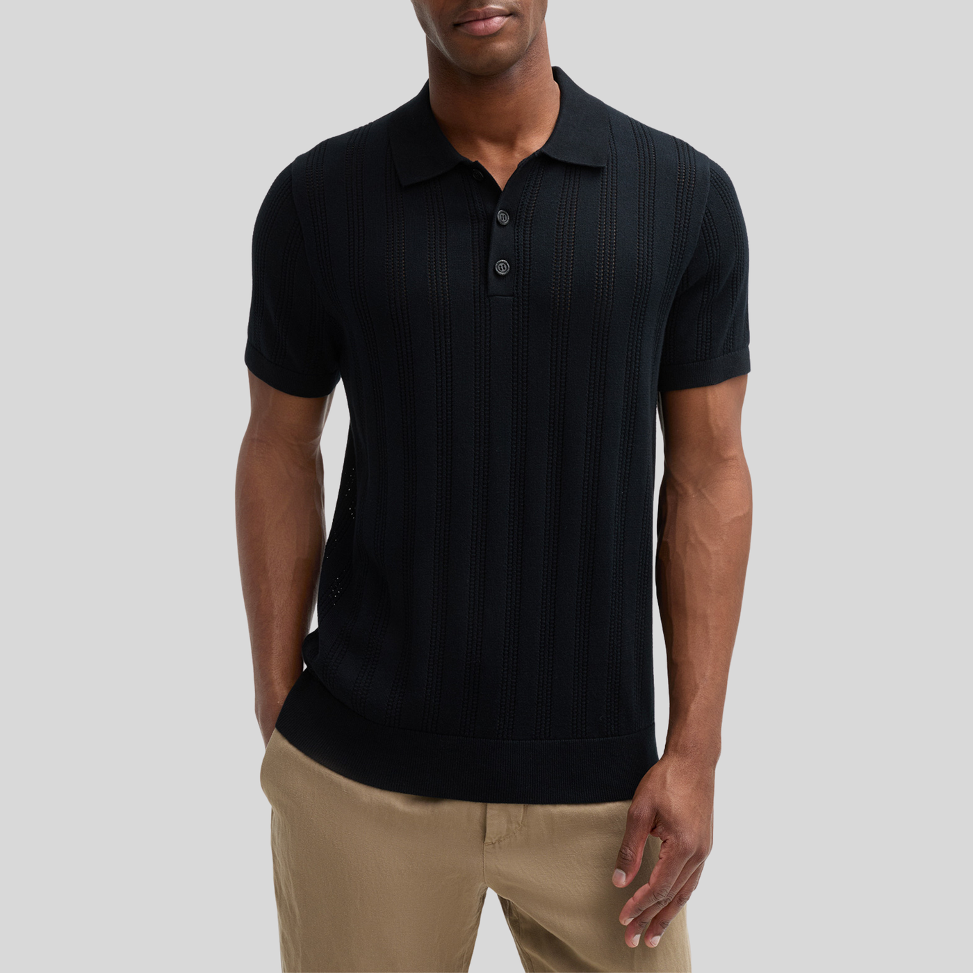 Perforated Pattern Knit Polo - Black