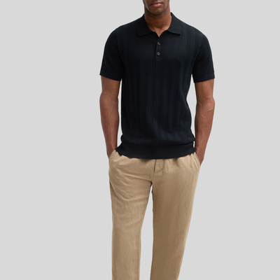 Perforated Pattern Knit Polo - Black