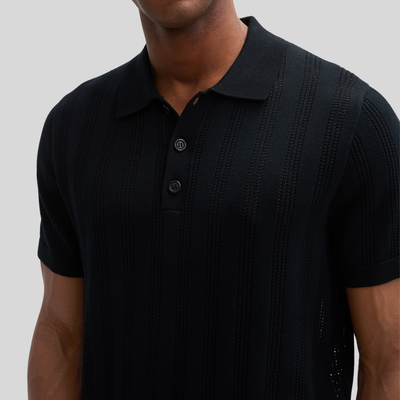 Perforated Pattern Knit Polo - Black