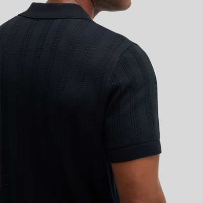 Perforated Pattern Knit Polo - Black