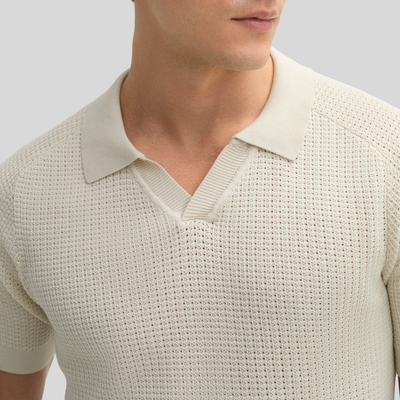 Open Collar Textured Knit Polo - Cream