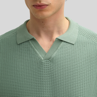 Open Collar Textured Knit Polo - Green