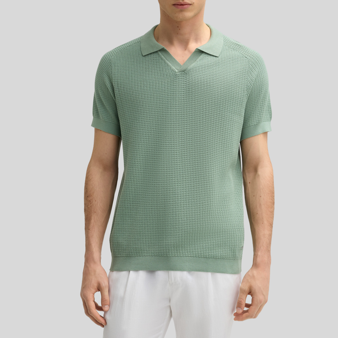 Open Collar Textured Knit Polo - Green