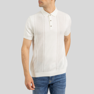 Textured Mesh Panels Knit Polo - Off-White - Gotstyle