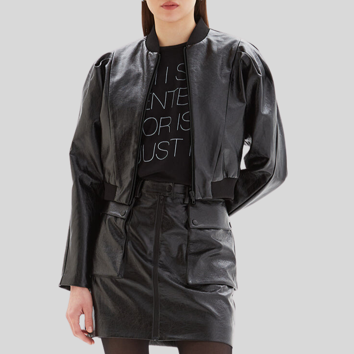 Puffy Sleeve Crop Bomber Jacket - Black