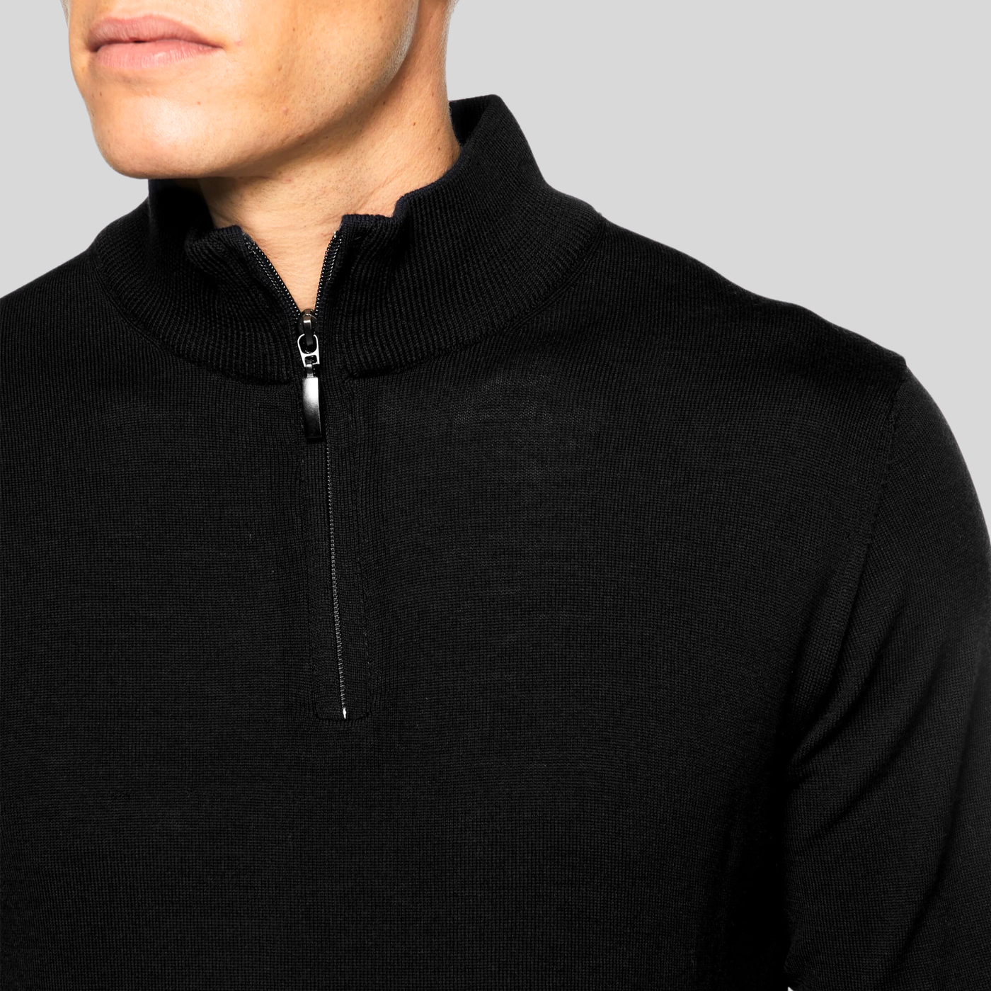 Quarter-Zip Mock Neck Merino Wool Sweater - Black