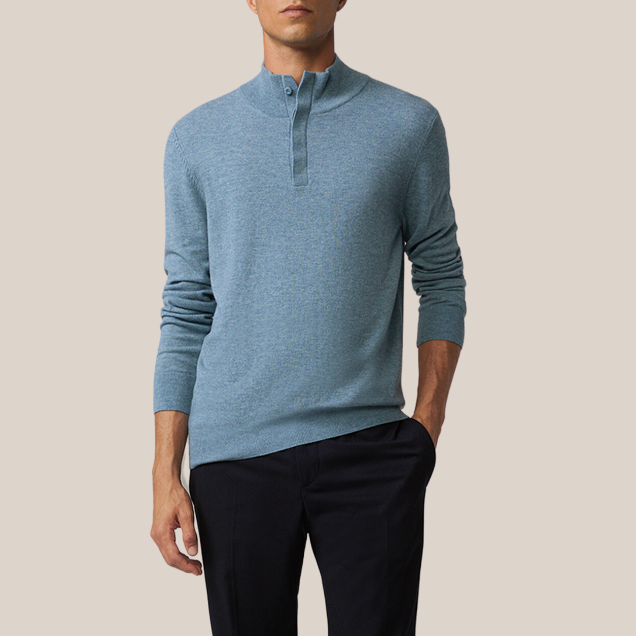 Quarter-Button Up Pullover Sweater - Blue