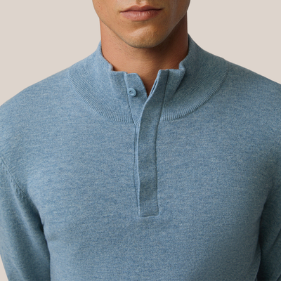 Quarter-Button Up Pullover Sweater - Blue