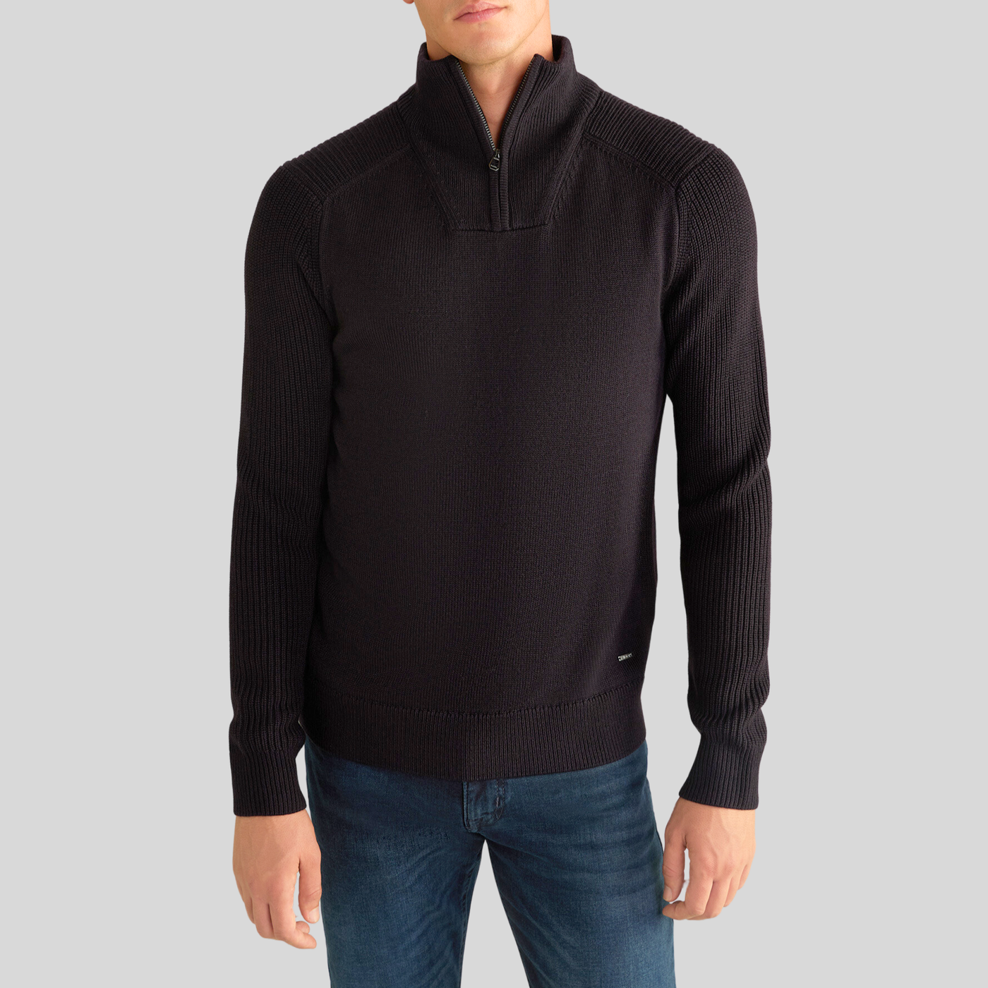 Mock Neck Quarter Zip Ribbed Sweater - Dark Navy