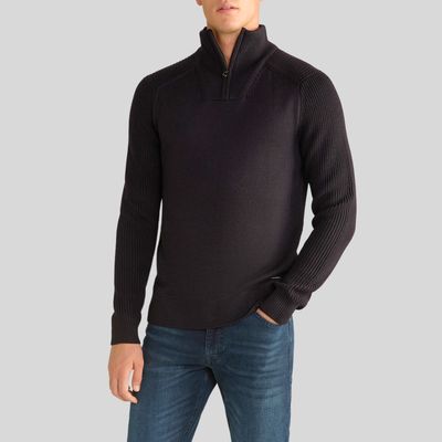 Mock Neck Quarter Zip Ribbed Sweater - Dark Navy