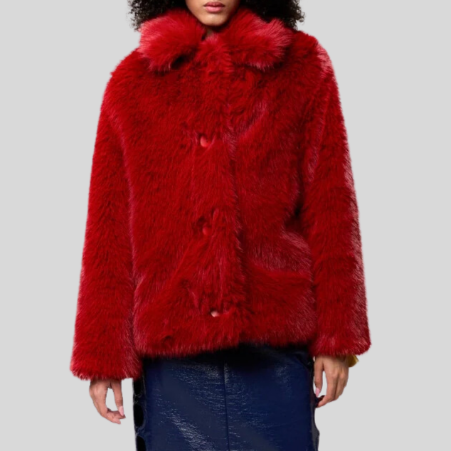 Faux Fur Oversized Collar Jacket - Red