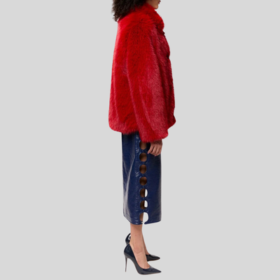 Faux Fur Oversized Collar Jacket - Red