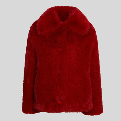 Faux Fur Oversized Collar Jacket - Red