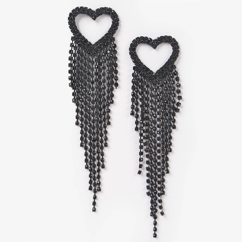 Heart Fringe Rhinestone Earrings - Black