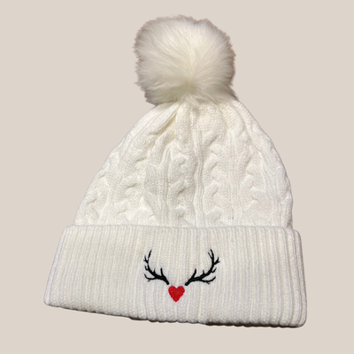 Antler Love Cable Knit Pom-Pom Toque - White - Gotstyle