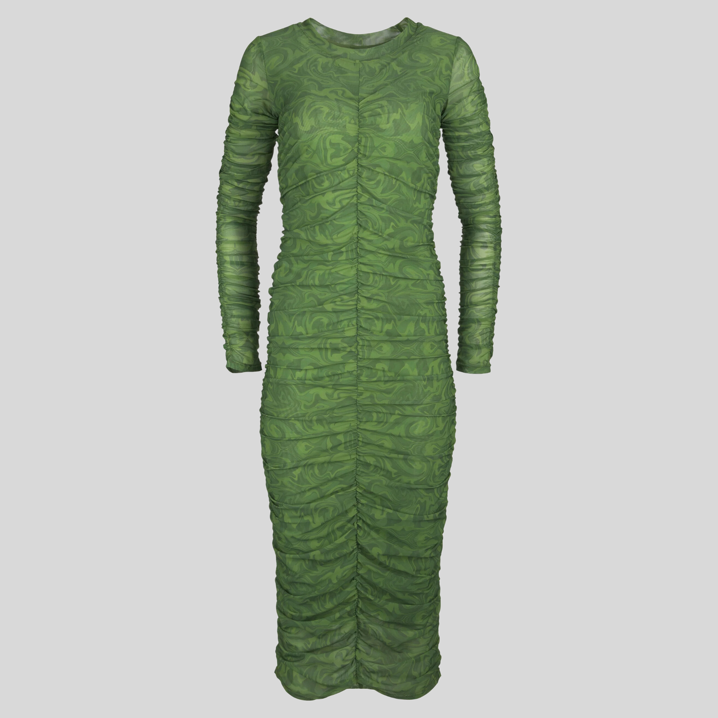 Printed Ruched Mesh Dress - Green