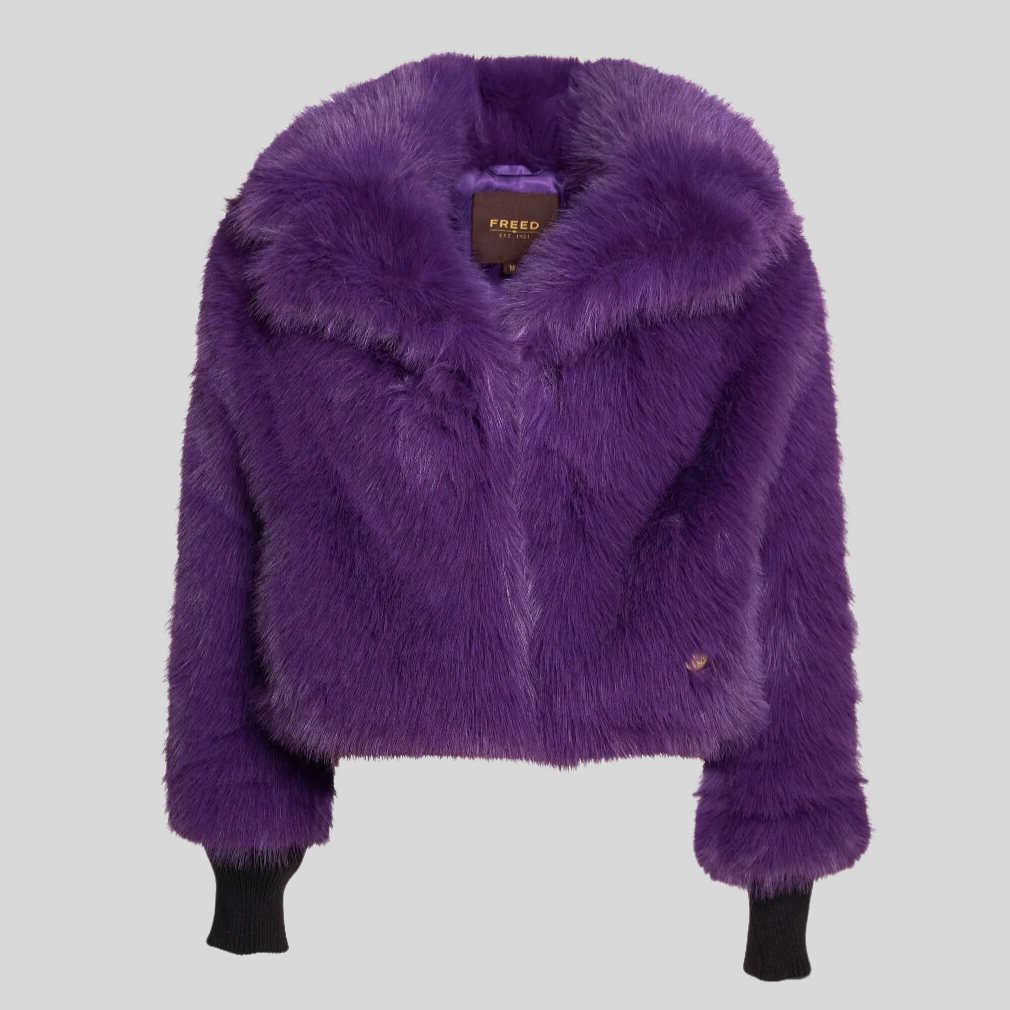 Faux Fur Peak Lapel Crop Jacket - Grape