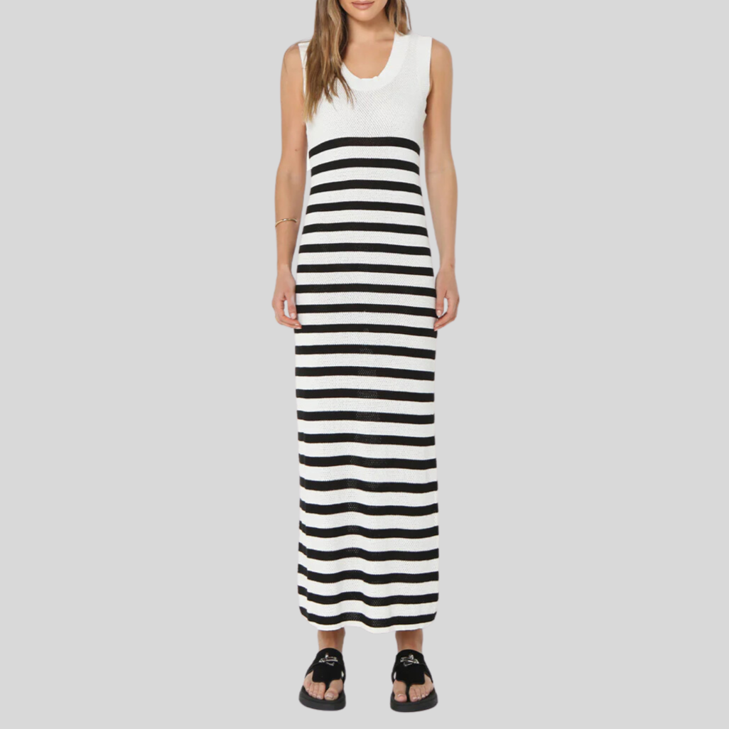 Gotstyle Fashion - Madison Dresses Stripe Scoop Neck Sleeveless Knit Dress - Black/White